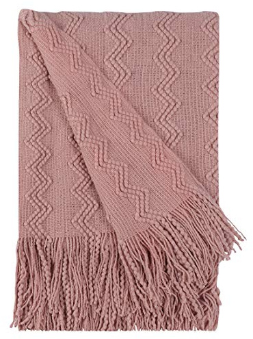 PiccoCasa 100 % Acryl-Strickdecke, weich, leicht, Wellenmuster, Dekor, gestrickte Decke mit Fransen, für Zuhause, Couch, Bett, Sofa, Reisen, 127 x 152 cm, Rosa
