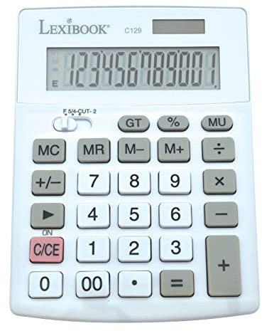 Lexibook, Calculatrice de Bureau 12 Chiffres avec Écran LCD, 8 Fonctions, Larges Touches, Solaire & Piles, Blanche/Grise, C129