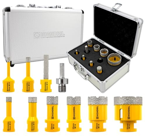 HIGHDRIL Fliesenbohrer Diamantbohrer Set 10 tlg - 6/8/10/16/20/25/32/50mm Lochsägen+10mm Fräsbohrer+Adapter für Porzellan Keramik Fliesen Granit Marmor