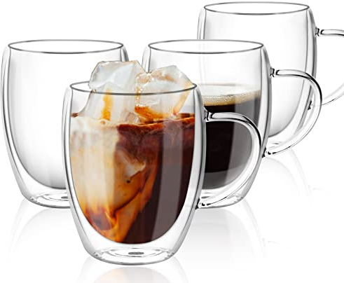 Buumin Lot de 4 Tasses en Verre à Cappuccino, 350ml Verres Double Paroi, Tasses à Café en Verre Isolées avec Poignée, Verres Transparent pour Latte, Thé, Jus, Lait, Boissons Chaudes Froides（4x350ml）