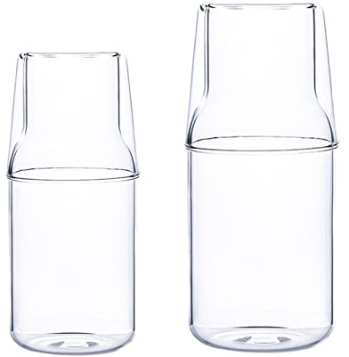 MISNODE Juego de 2 jarras de agua para mesita de noche de con vaso para dormitorio, botella de vidrio para enjuague bucal para baño, jarra de agua transparente para jugo, 360 ml + 500 ml