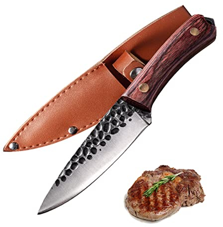 Fubinaty Couteau de chef Couteaux de cuisine de camping en plein air Couteaux de forgé Couteau à Steak Couteau universel en acier à haute teneur en carbone avec manche en bois et gaine en cuir