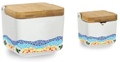 Kcasa - Salero y azucarero cocina blanco minimalista ceramica con tapa madera español