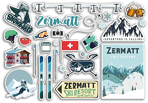 A5 Aufkleberbogen Zermatt Vinyl Aufkleber - Schweiz Skigebiet Berge Snowboard Urlaub Flagge Reise Schneesport Gepäck Scrapbooking #79055