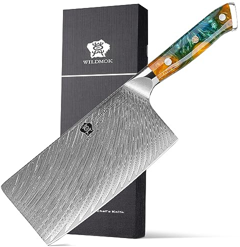WILDMOK couteau à hache de légumes 18cm lame damas forgée en acier japonais vg10 avec poignée en acier inoxydable pour la cuisine à domicile et la salle à manger