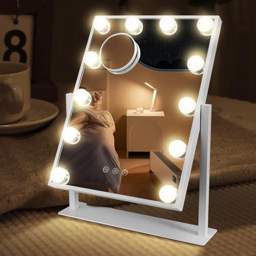 Yontwe Espejo Hollywood con iluminación LED Tipo C y Puerto de Carga USB 12 Luces atenuadoras Espejo de Maquillaje con 3 Modos de luz con iluminación Espejos Hollywood Montaje en Pared Blanco 40x30cm