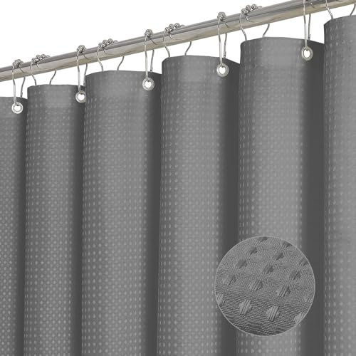 ROLIZOE Grey Shower Curtain - 256GSM Luxury Weighted Waffle Textured Heavy Duty Thick Fabric Shower Curtains with Stainless Steel Hooks for Bathroom, Superior Water Resistant, 183W x 183H, Grey
