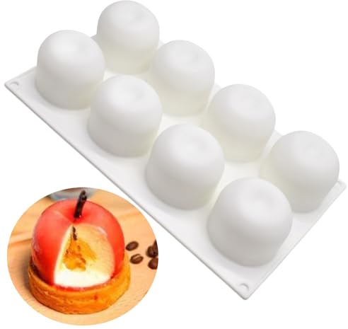 Silicona Formas con 8 Cavidades Bola Redonda, Moldes de Manzana 3D, Comida hecha a mano en forma de bola, adecuada para bolas de chocolate, pasteles, gelatina, pudín, mousse de cúpula (Blanco)