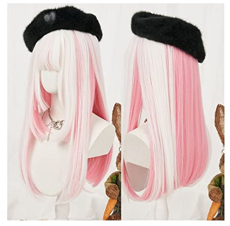 Peluca Peluca de cosplay sintética, peluca de pelo largo y recto con flequillo, peluca de niña rosa con degradado blanco sedoso y recto, peluca sintética de fibra resistente al calor Peluca Hombre