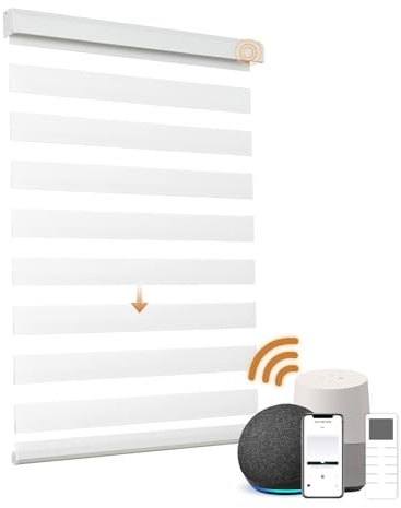 JOYENG Motorized Zebra Blinds, Cordless Blackout Window Shades with Remote, Custom Dual Layer Smart Roller Shades Compatible with Alexa Google Assistant, Automatic Light Filtering Blinds,White