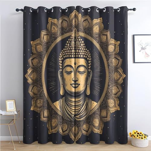 EXSANLIEAY Verdunklungsvorhänge Gautama Buddha, Vorhang Blickdicht Buddhismus Vorhänge mit öSen 2er Set für Schlafzimmer Kinderzimmer, Deko Gardinen Wohnzimmer-260 x 140 cm (H X B)