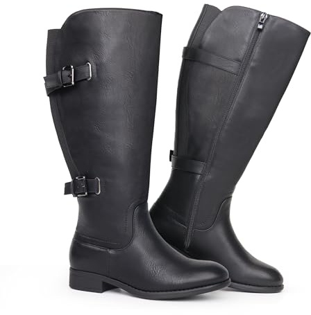 Chicblooms Damen-Stiefel, klassisch, breite Wade, mit flachem Absatz, doppelter Schnalle hinten, Stretch, kniehoch, Schwarz Synthetik EU 43