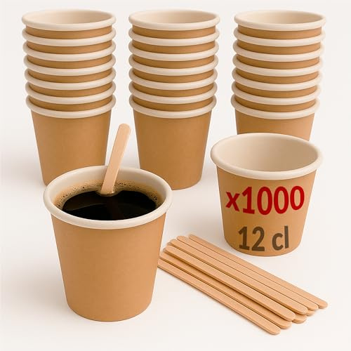 Table'Colors Pack 1000 gobelets en kraft 12 cl et 1000 touillettes en bois - Café - Boisson chaude - Capuccino - Expresso - Tasse - Verre en carton - Etanche - Agitateur - Fabriqué en France