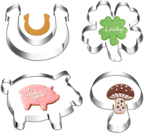 4 Stück Ausstechformen Schwein, Keksausstecher Plätzchen, Ausstecher Glücksschwein, Plätzchen Ausstecher Edelstahl, Plätzchenausstecher für Silvester Glücksbringer Schwein Geschenke für Kuchendeko