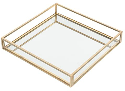 HOLIDYOYO Vassoio Portaoggetti Dorato in Vetro 16x16x2,5 Cm Bordo in Ottone, Organizer Per Profumi e Vassoio Da Bagno Per Cassettiera e Toeletta, Design Elegante Per Decorazioni in Camera Da Letto