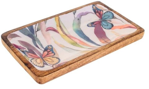 Mini Plateau Bois de manguier et résine, Motif Papillons et végétation Multicolore, Longueur 18 cm