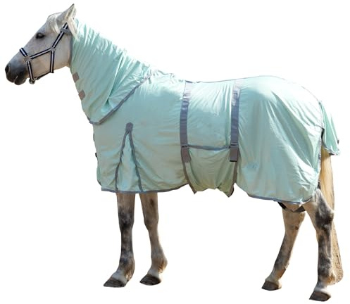 Gallopoff Fliegendecke Pferde mit Halsteil – atmungsaktive Sommerdecke mit UV-Schutz und Scheuerschutz, Verstellbarer Brustverschluss, Bauchgurte, Beinschnüre und Schweiflatz Green 150 cm