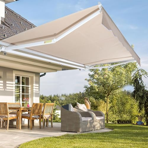 Fiqops manuelle Gelenkarmmarkise 250 x 200 cm Markise Sonnenmarkise Sonnenschutz mit Kurbel, Anti-UV und wasserfest, Alu/Polyester für Balkon, Terrasse, Garten, Beige