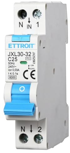 Interruttore magnetotermico differenziale salvavita, 1P+N, occupa 1 modulo DIN, 220V 230V, 25A C25, 30mA, 6KA 6000A, RCBO