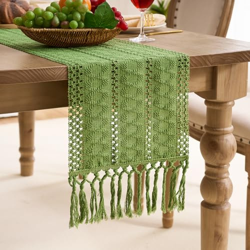 Aisybaklyn Camino de Mesa Boho Verde 30X140 cm Lino Macramé Corredor de Mesa de Yute Rústico Bohemio con Borlas para Boda Fiesta Hogar Cocina de Comedor Decoración Table Runner