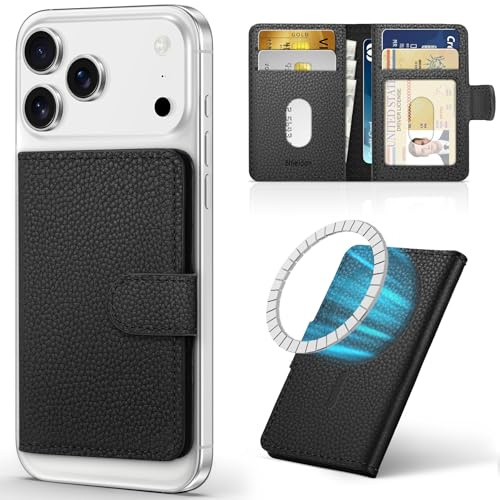 SHIELDON Echtleder Wallet für MagSafe Phone Geldbörse, Litschi Schwarz | Dünn, Abnehmbare, RFID Blocker, 6 Kartenfächer, Magnetische Wallet mit Tasche, Kompatibel für iPhone 16/15/14/13/12 Serie