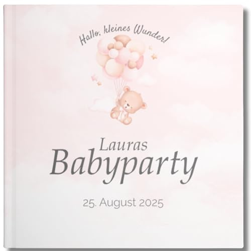 YMEMOS Babyparty Gästebuch zum Ausfüllen – Erinnerungsbuch personalisiert für Mädchen, Junge & neutral – Fotobuch zur Baby Shower Gender Reveal (40 Seiten rosa)