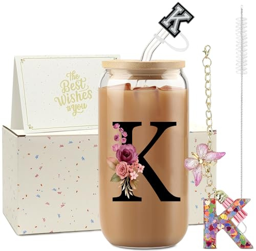 ZIOSINM Buchstaben Personalisierte Geschenke für Frauen, Glasbecher | Glasbecher mit Deckel & Strohhalm + Schlüsselanhänger Buchstabe, Geschenke für Frauen zum Geburtstag Weihnachten Valentinstag