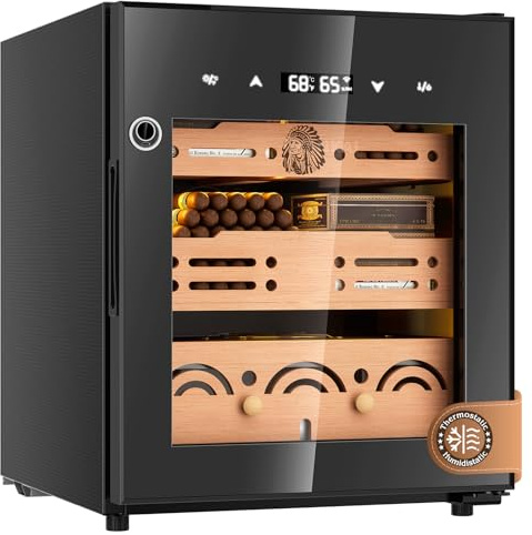 FANKAI Elektrisk cigarr humidor skåp med temperatur- och fuktighetskontrollsystem, 50 l kylande cigarrkylskåp upp till 300 antal, cederträhyllor, digital LED-skärm, fingeravtryckssäkerhetslås, present