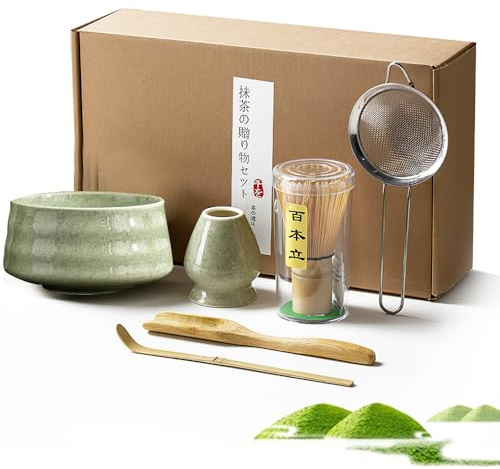 Nzkeuf 6PCS Matcha Set, Tea Making Kit with Bamboo Whisk and Ceramic Bowl, Matcha Starter Kit for Beginners and Tea Lovers, Elegant Matcha Kit for Home, Office, Gifts & Christmas (Green)