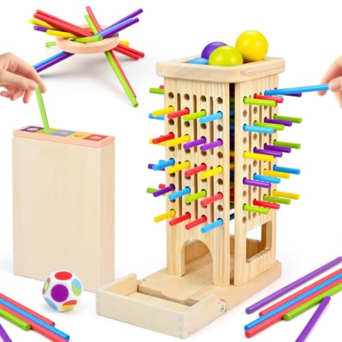 ICHOWHO Wooden Board Game Montessori Toys - Educational Kids Fine Motor Skills Toy with 40 Colourful Sticks and Dice, Family Fun Ball Dropping Game for Kid 3 4 5 6 Years Old Boy Girl Birthday Gift