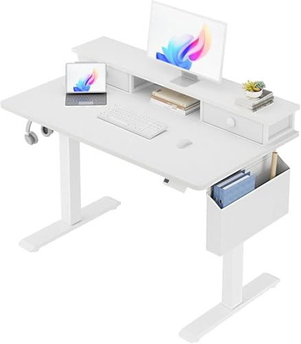 Lufeiya Escritorio Elevable Eléctrico Mesa Eléctrico 100x60 cm con Soporte para Monitor y Cajones Escritorio Pequeño de Altura Ajustable para Oficina Estudiante Juvenil Niña Blanco