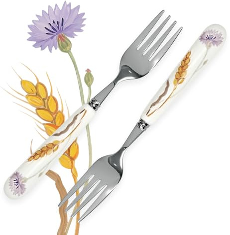 MEIYAHOME Dinner Fork Cornflower Purple Flower & Wheat Ode Series，Smooth Polishing White Ceramic Handle，Whispers of Wheat ，Pastoral Steak Fork (2 Pcs Forks)