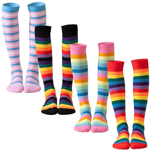 4 Pairs Rainbow Socks, Over the Knee Socks for Womens, Striped Knee High Sockset, Rainbow Leg Warmers Durable, Suitable for Role Playing and Daily Wear (Sizes 34-41)