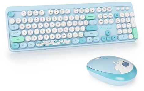 Vumilstek Cute Blue Keyboard and Mouse Wireless, American QWERTY Retro Typewriter 2.4GHz Full Size Round Keycap with Number Pad for Students Home Office PC Laptop(Bear Blue)