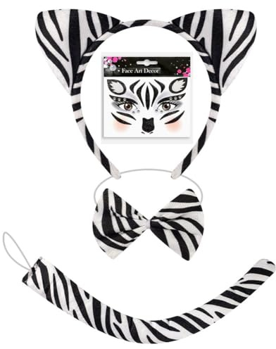Tier Zebra Kostüm 4 Teiliges,Ohren Stirnband, Schwanz Und Fliege Mit Zebra Temporäre Tattoos Gesichtsaufkleber Für Tierkostüm Cosplay Geburtstagsparty Zubehör Karneval Partyzubehör