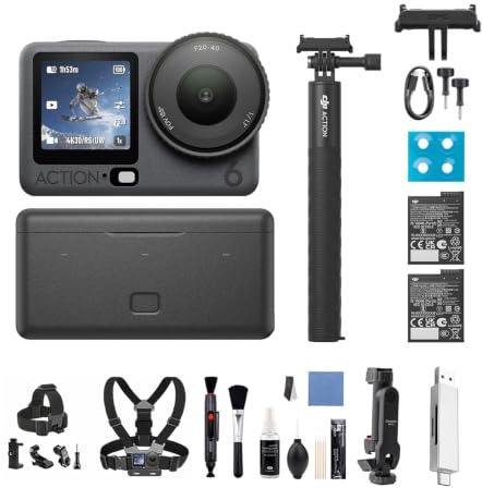 DJI Osmo Action 6 Erweiterte Combo Mehrere Zubehörteile Bundle, Action-Cam 4K mit 1/1,1″-Quadratsensor, Variable Blende von f/2,0-f/4,0, längere Akkulaufzeit mit 2 Akkus