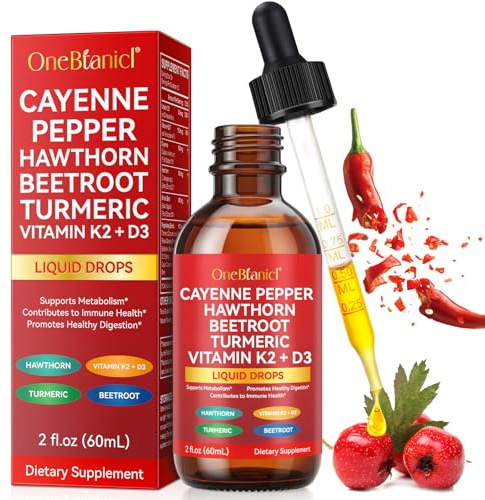 Cayenne Pepper 60ml, Cayenne Pepper Supplement - with Hawthorn, Beetroot, Turmeric & Vitamin D3 K2, Cayenne Pepper Drops Suitable for Vegan & Halal Diet