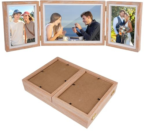DGN Marco de Fotos con 3 Imágenes, Triple Bisagra Marco de Fotos Plegable para 10x15cm y 15x21cm, Marco de Madera, Marco Triple de Madera para Dormitorio, Salón y Oficina