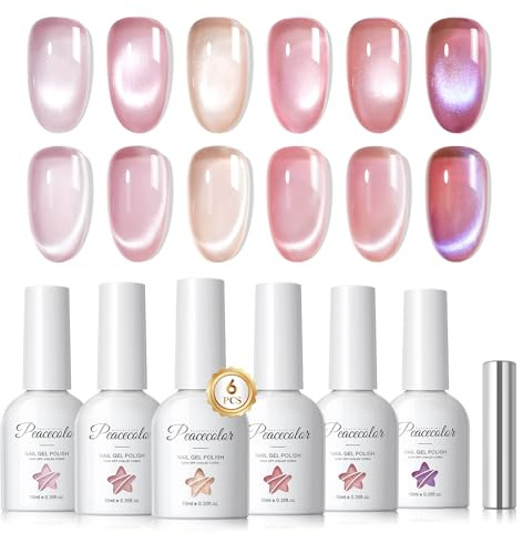 PEACECOLOR Smalto Semipermanente Unghie Magnetico, 6 Colori ​Rosa Vernis Cat Eye Gel con Magnete, Soak Off UV/LED per Principiante Nail Art Salone, 10ML
