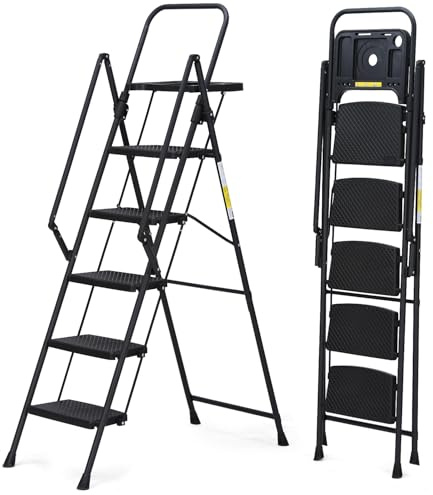 Scaletta pieghevole a 5 gradini nero – antiscivolo, altezza 174 cm, capacità 150 kg, robusta per casa, cucina e officina