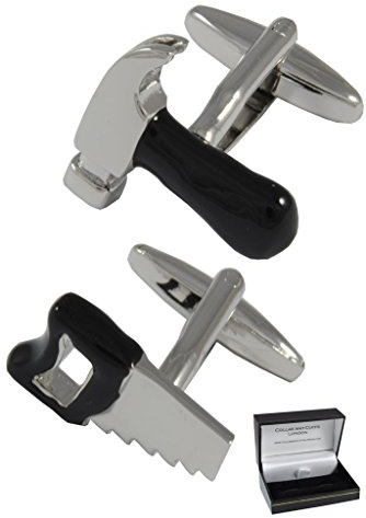 COLLAR AND CUFFS LONDON Boutons de Manchette - avec Boîte - pour Homme Bricolage - Marteau et Scie - Laiton - Couleur Argent et Noir - Ingénieur Architecte Charpentiers Constructeurs - Une Paire