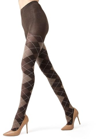 MeMoi Women's Brown Argyle Pattern Semi-Opaque Stretchable 150 Denier High Rise Above the Knee Tights S, M