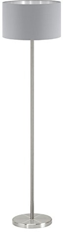 Eglo Lampdaire MASERLO, lampe de sol en textile à flamme, lampe sur pied ovale en acier et tissu, couleur : nickel mat, gris, argent, douille : E27, interrupteur à pied inclus