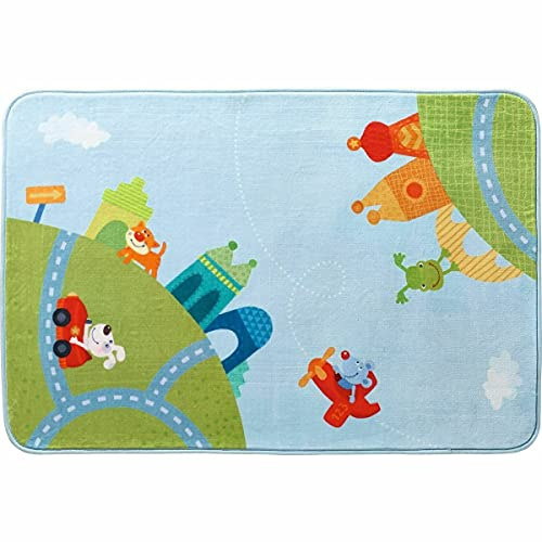 HABA 302927 - Teppich Stadtrundfahrt, farbenfroher Kinderteppich mit Tierfiguren für Mädchen und Jungs, Spielteppich 90 x 130cm, Filz-Rücken mit Antirutsch-Noppen, 30 °C schonend waschbar