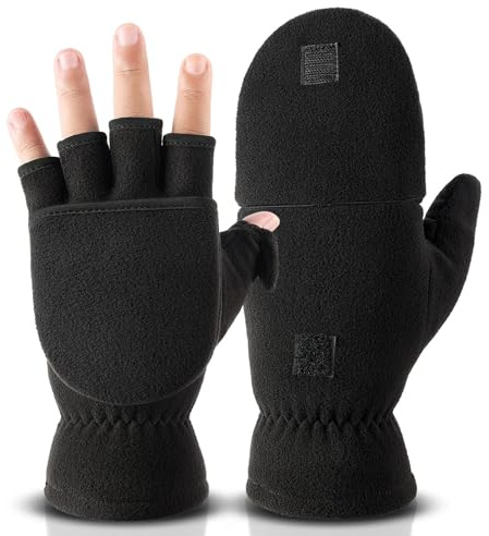 OZERO Fingerless Gloves for Men Women, Thermal Fleece Convertible Mittens, Flip Top Winter Gloves with Thumb Cover for Phone Use Driving Dog Walking Photography Fishing