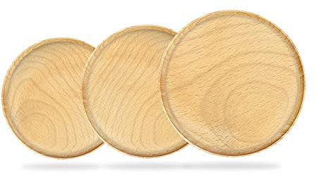 Platos de madera redondos de 6/8/10 pulgadas, juego de 3 platos de madera, fáciles de limpiar y livianos para platos, aperitivos, pieza sólida hecha a mano de platos de madera de acacia