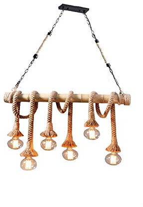 Vetrineinrete® Lampadario a sospensione con corda in canapa vintage 6 portalampada E27 lampada country retro in legno di bamboo Z78