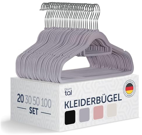 Blumtal Samt-Kleiderbügel, rutschfest, 360° drehbar, für Mäntel, Anzüge, Hemden und Hosen, 20 Stück, Grau