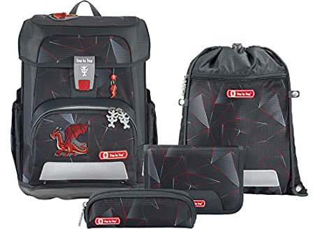 Step by Step Schulranzen-Set CLOUD Dragon Drako, 5-teilig, schwarz-rot, Drachen-Design, ergonomischer Tornister mit Reflektoren, höhenverstellbar mit Hüftgurt, für die 1. bis 4. Klasse, 19L