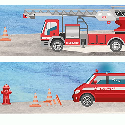 Wandbordüre Feuerwehr Rettungswagen Tapetenbordüre Vlies Babyzimmer 400x12 | Tapetenvlies Bordüre für Kinderzimmer Babyzimmer Spielzimmer leicht mit Vliestapetenkleister anbringbar